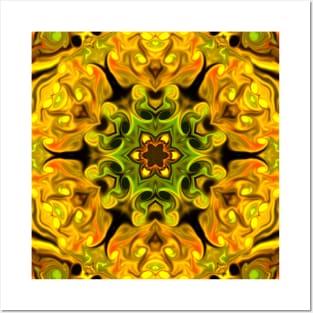 Psychedelic Mandala Flower Green and Yellow Posters and Art